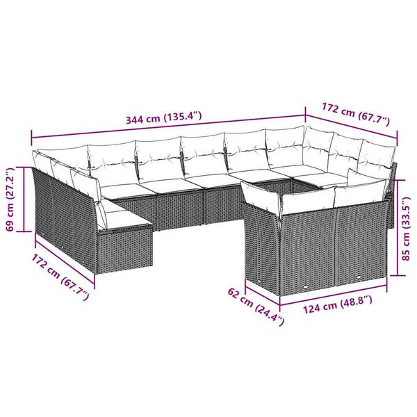 vidaXL Vrtna sedežna garnitura 12-delna z blazinami rjava poli ratan