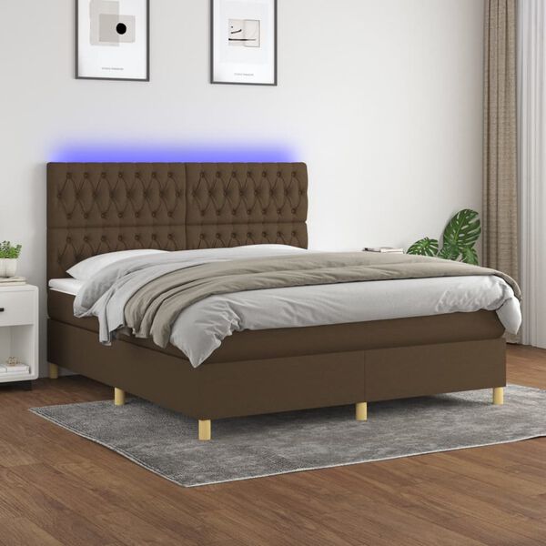 vidaXL Box spring postelja z vzmetnico LED temno rjava 180x200cm blago