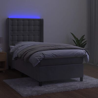 vidaXL Box spring postelja z vzmetnico LED svetlo siva 90x200 cm žamet