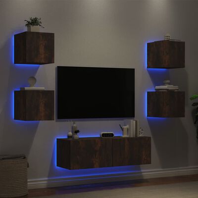 vidaXL Stenske TV omarice z LED lučkami 5 kosov dimljeni hrast