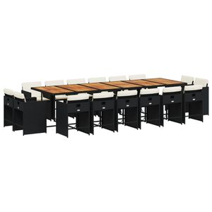 vidaXL Vrtna jedilna garnitura z blazinami 17-delna črn poli ratan