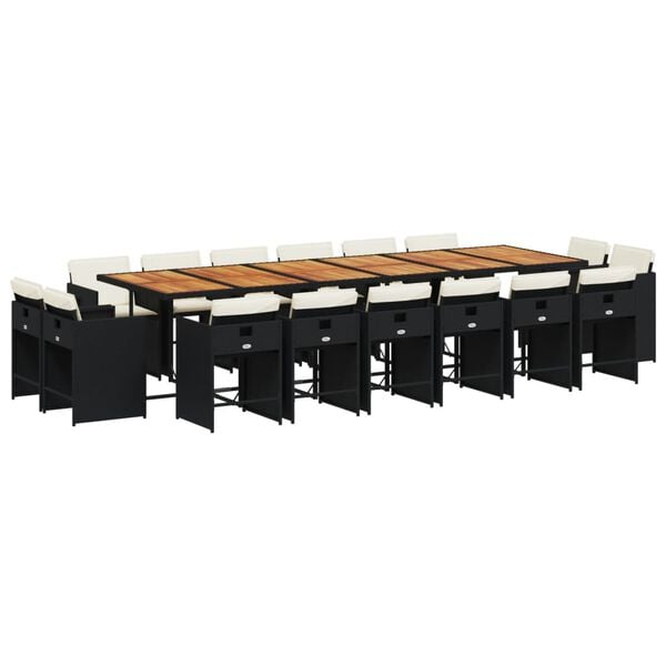 vidaXL Vrtna jedilna garnitura z blazinami 17-delna črn poli ratan