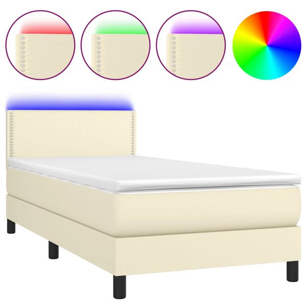 vidaXL Box spring postelja z vzmetnico LED krem 80x200 cm umetno usnje