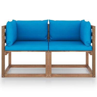 vidaXL Vrtni kavč dvosed iz palet s svetlo modrimi blazinami borovina
