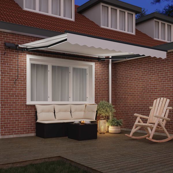 vidaXL Retraktilna tenda z LED lučmi Bela 300 x 250 cm blago