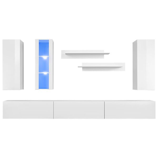 vidaXL Stenska TV enota 8-delna z LED osvetlitvijo visok sijaj bela