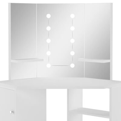 vidaXL Kotna toaletna mizica za ličenje z LED lučkami bela
