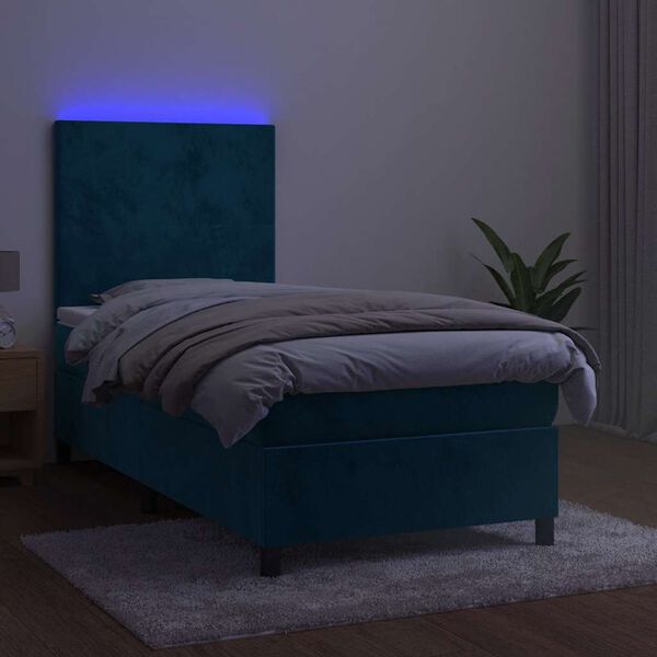vidaXL Box spring postelja z vzmetnico LED temno modra 90x190 cm žamet