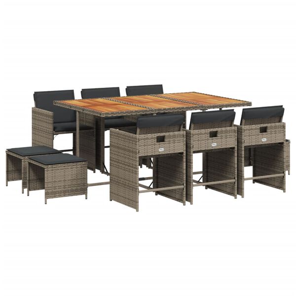 vidaXL Vrtna jedilna garnitura 11-delna z blazinami siv poli ratan