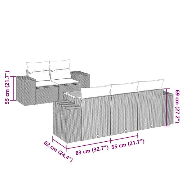 vidaXL Vrtna sedežna garnitura 6-delna z blazinami črna poli ratan