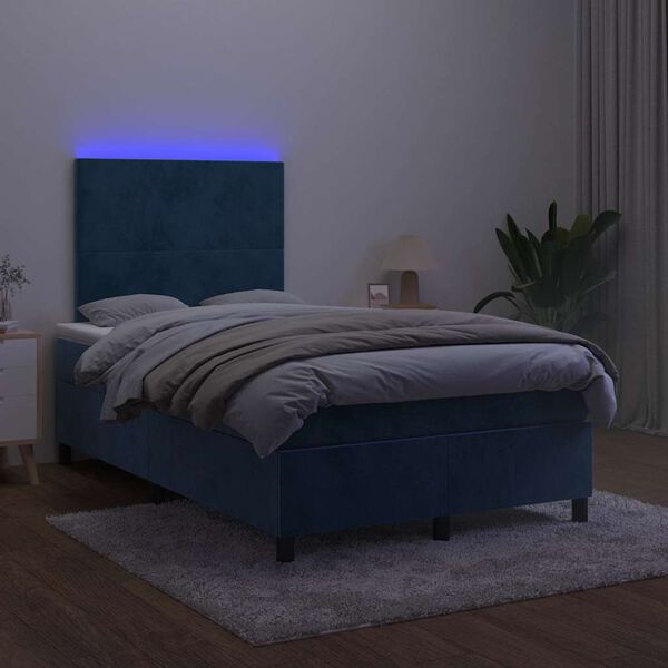 vidaXL Box spring postelja z vzmetnico LED tem. modra 120x190 cm žamet