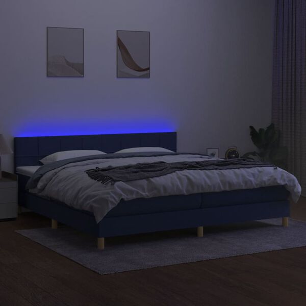 vidaXL Box spring postelja z vzmetnico LED modra 200x200 cm blago