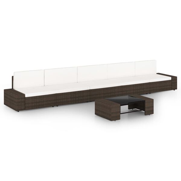 vidaXL Vrtna sedežna garnitura 6-delna z blazinami rjav poli ratan