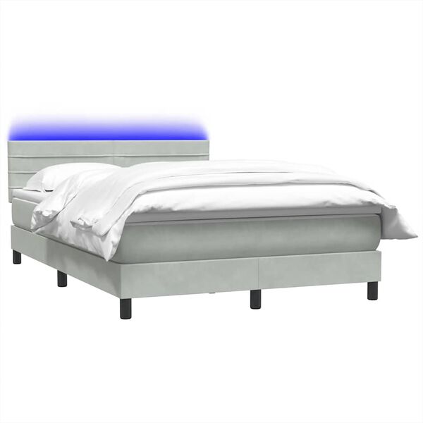 vidaXL Box spring postelja z vzmetnico LED svetlo siva 140x210 cm žamet