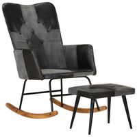 vidaXL Gugalni stol s stolčkom za noge črno pravo usnje in platno