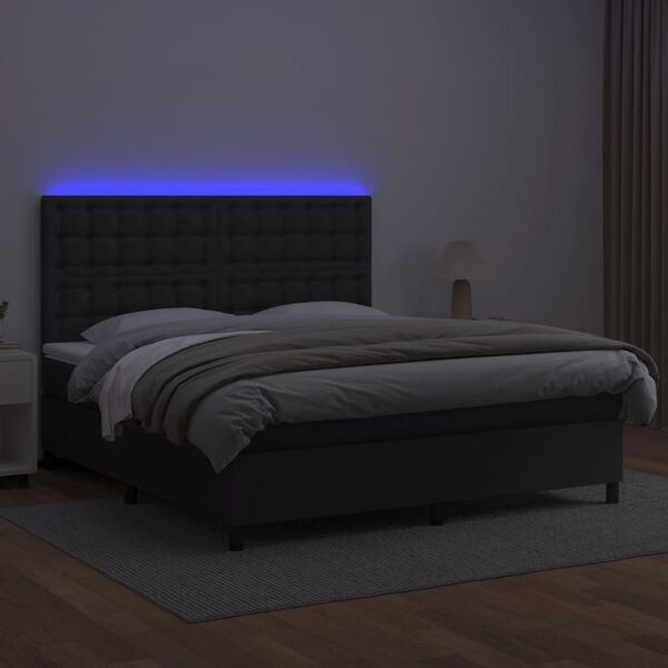 vidaXL Box spring postelja z vzmetnico LED črna 180x200cm umetno usnje