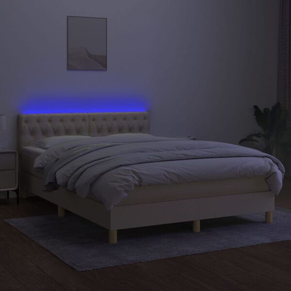vidaXL Box spring postelja z vzmetnico LED krem 140x190 cm blago