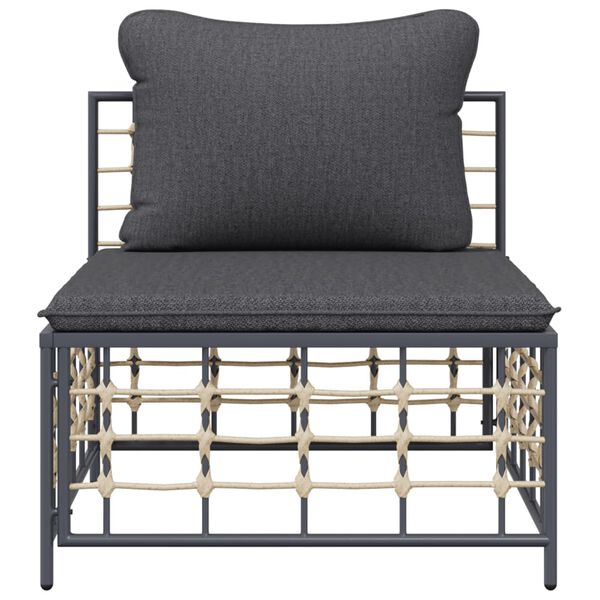 vidaXL Vrtni sredinski kavč s temno sivimi blazinami poli ratan