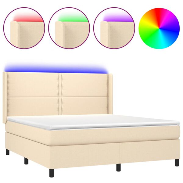 vidaXL Box spring postelja z vzmetnico LED krem 180x200 cm blago