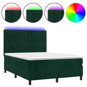 vidaXL Box spring postelja z vzmetnico LED tem. zelena 140x200cm žamet