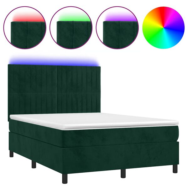vidaXL Box spring postelja z vzmetnico LED tem. zelena 140x200cm žamet
