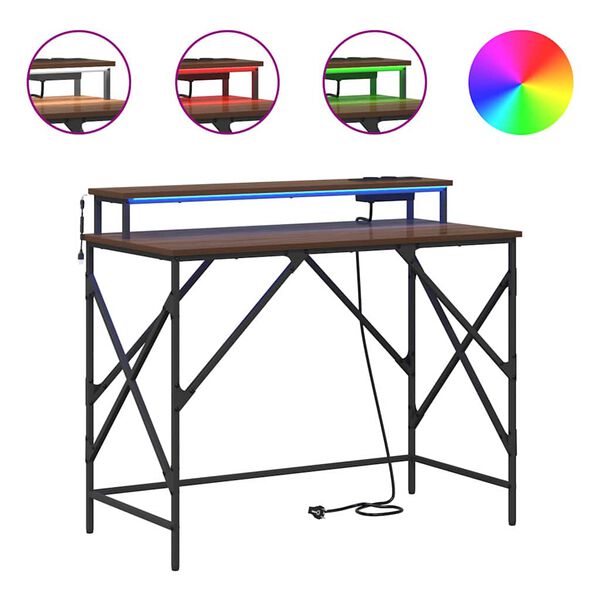 vidaXL Miza z LED lučmi Rjav hrast 100 x 50 x 86,5 cm Konstruiran les