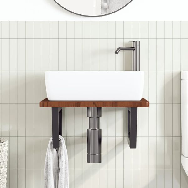 vidaXL Stenska polica za umivalnik jeklo in trdna hrastovina