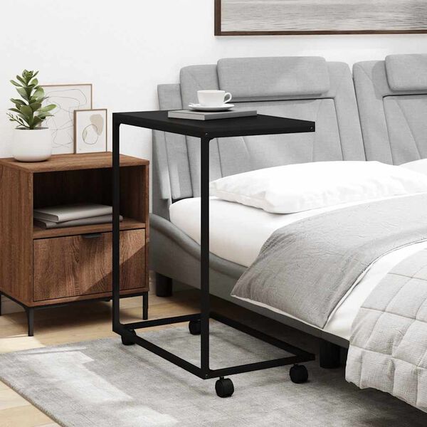 vidaXL Stranska mizica s kolesi črna 55x35x70 cm konstruiran les