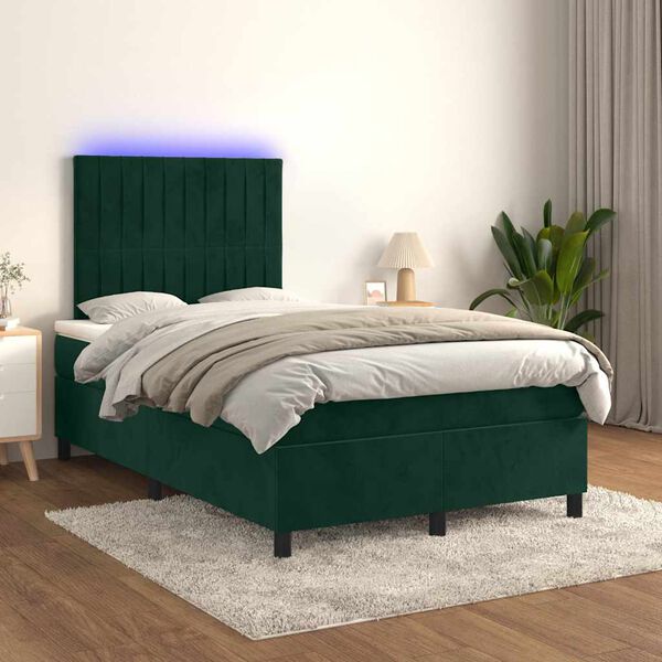 vidaXL Box spring postelja z vzmetnico LED tem. zelena 120x200cm žamet