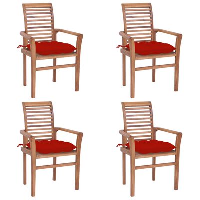 vidaXL Jedilni stoli 4 kosi z rdečimi blazinami trdna tikovina