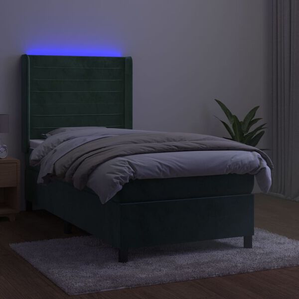 vidaXL Box spring postelja z vzmetnico LED tem. zelena 90x190 cm žamet