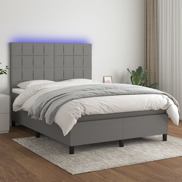 vidaXL Box spring postelja z vzmetnico LED temno siva 140x200 cm blago