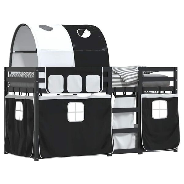 vidaXL Pograd z zavesami bel in črn 90x190 cm trdna borovina