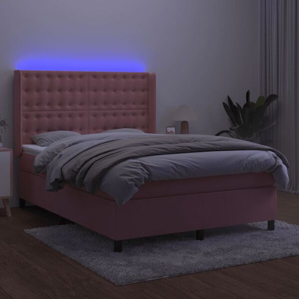 vidaXL Box spring postelja z vzmetnico LED roza 80x200 cm žamet