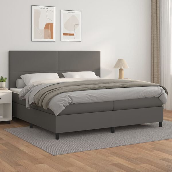 vidaXL Box spring postelja z vzmetnico siva 200x200 cm umetno usnje