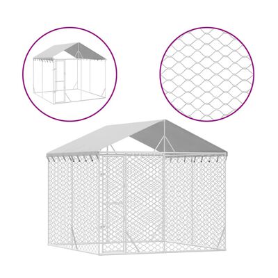 vidaXL Zunanja pasja ograda s streho srebrna 3x3x2,5 m pocinkano jeklo