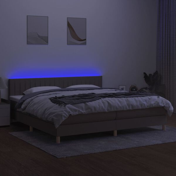 vidaXL Box spring postelja z vzmetnico LED taupe 200x200 cm blago