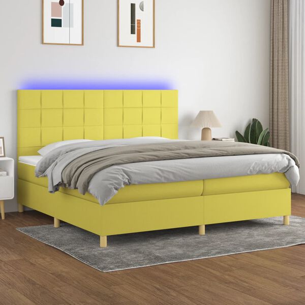 vidaXL Box spring postelja z vzmetnico LED zelena 200x200 cm blago