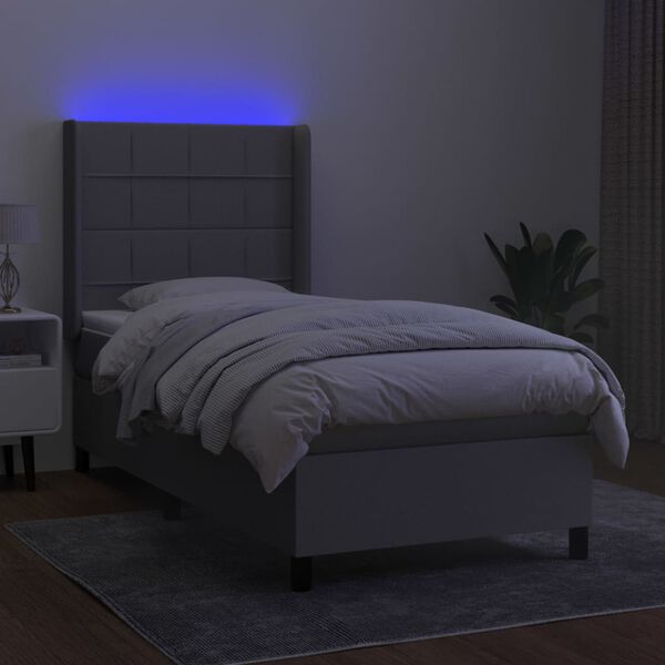 vidaXL Box spring postelja z vzmetnico LED svetlo siva 90x200 cm blago