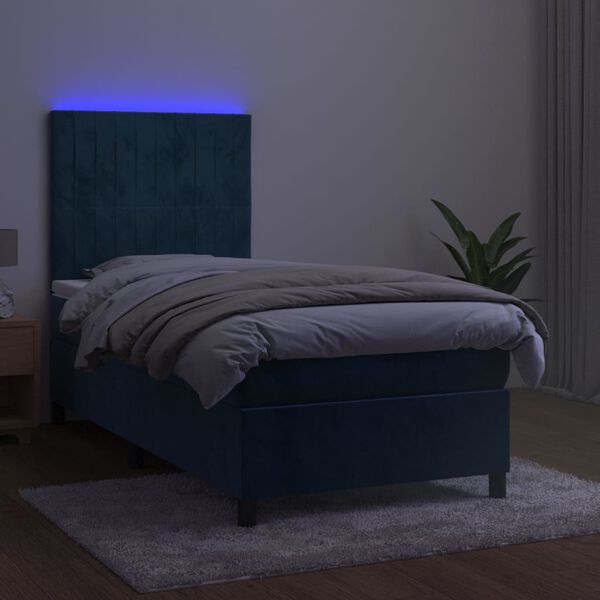 vidaXL Box spring postelja z vzmetnico LED temno modra 90x200 cm žamet