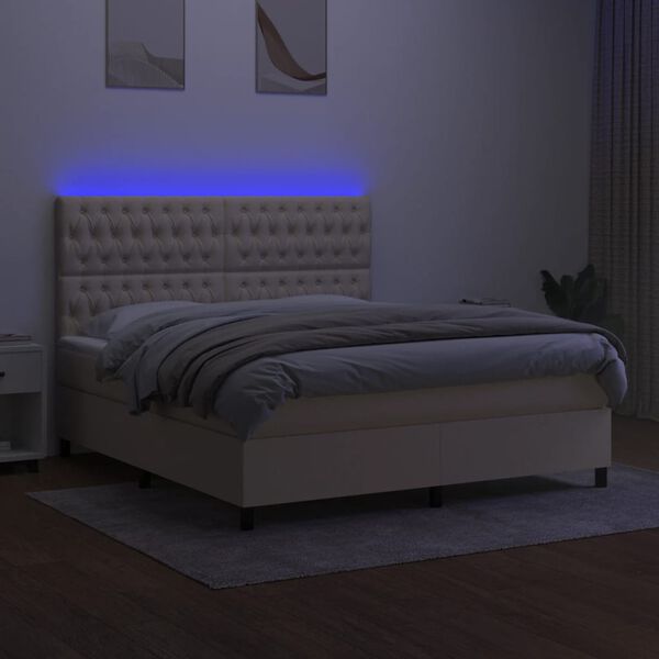 vidaXL Box spring postelja z vzmetnico LED krem 180x200 cm blago