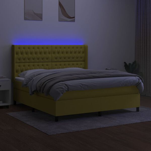 vidaXL Box spring postelja z vzmetnico LED zelena 180x200 cm blago