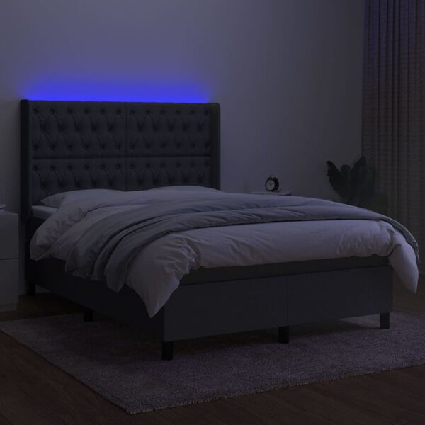 vidaXL Box spring postelja z vzmetnico LED temno siva 140x200 cm blago