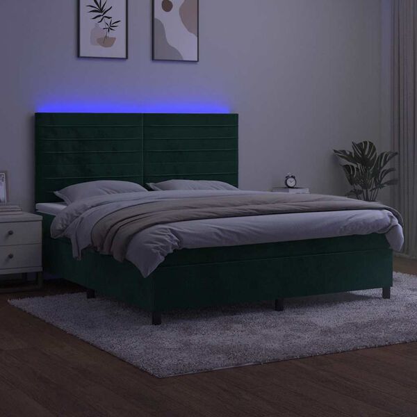 vidaXL Box spring postelja z vzmetnico LED tem. zelena 160x200cm žamet