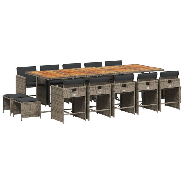 vidaXL Vrtna jedilna garnitura 15-delna z blazinami siv poli ratan