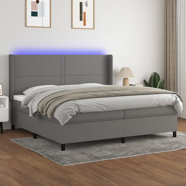 vidaXL Box spring postelja z vzmetnico LED temno siva 200x200 cm blago