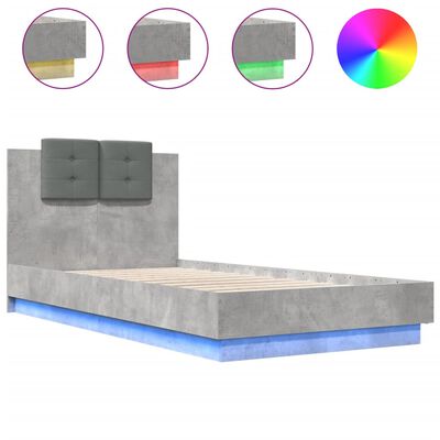 vidaXL Posteljni okvir z vzglavjem in LED betonsko siv 90x190 cm