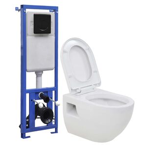 vidaXL Viseča WC &scaron;koljka z vgradnim visokim kotličkom keramična