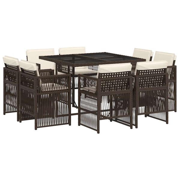 vidaXL Vrtna jedilna garnitura 9-delna z blazinami rjav poli ratan