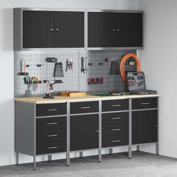 vidaXL Delovna omara s predalom 10 pcs Črna Inženirski les in jeklo